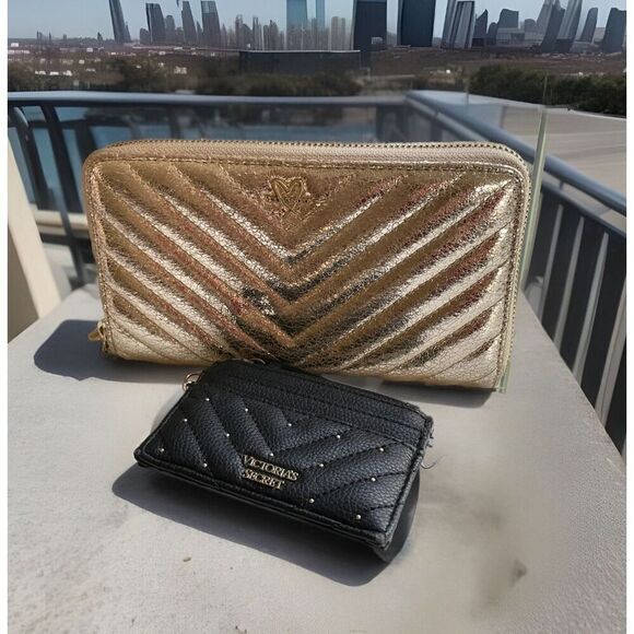 Victoria's Secret Handbags - Victorias Secret Black Studded Card Case & Slim Zip Wallet Gold Silver Wristlet